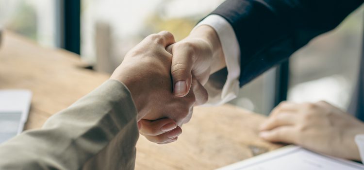 Employer shakes hands with job applicants after successful interview hr woman greets job seekers with hiring