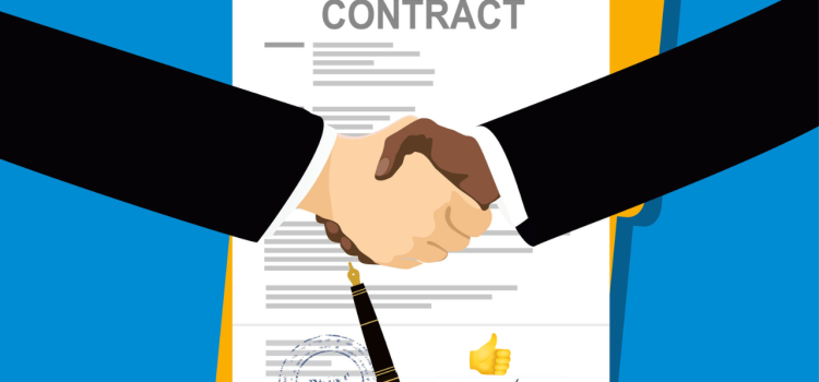 Handshake over a signed contract with a pen, stamp, and signature area indicating agreement or partnership.