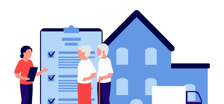People stand around a large checklist shown on a tablet near a blue house in the background.