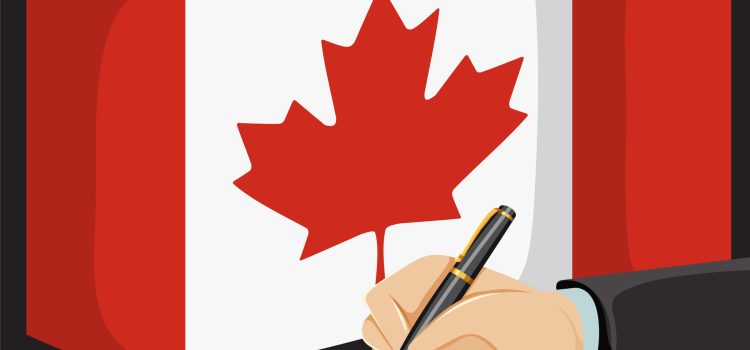 Hand signing a document with a fountain pen, set against a large Canadian flag backdrop.