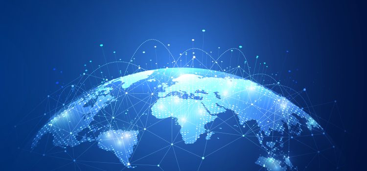 Abstract blue world map with interconnected nodes and lines representing global connectivity.