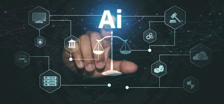 Glowing AI symbol at center with network lines and legal/tech icons connected around it, held by hands below