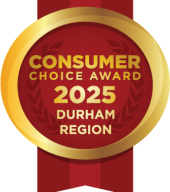 Gold award medal badge with a red center that reads "Consumer Choice Award 2025, Durham Region"