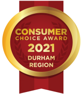 Gold circular badge with red center reading 'Consumer Choice Award 2021 Durham Region'.