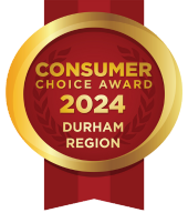 Gold medal badge with red center that reads 'Consumer Choice Award 2024 Durham Region'