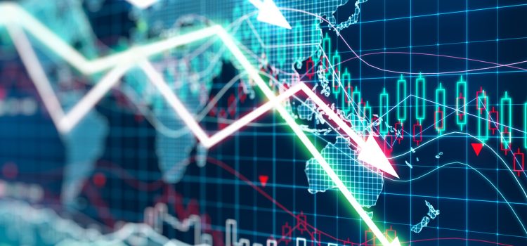 Global financial dashboard with downward arrows, candlestick charts and a grid overlay indicating a market decline