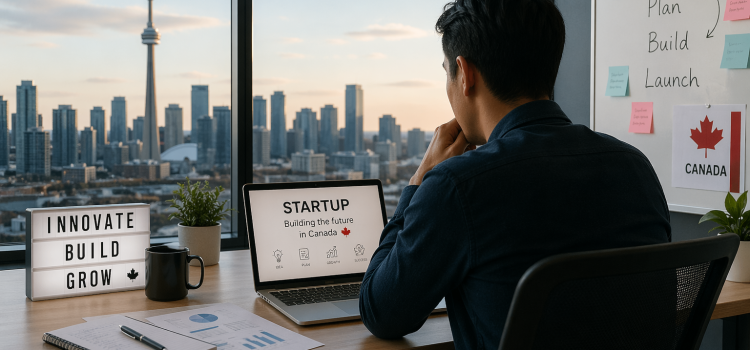 Person sits at a desk in a high-rise office, looking at a laptop that reads “STARTUP” with Canada imagery, as a city skyline is visible through the window.
