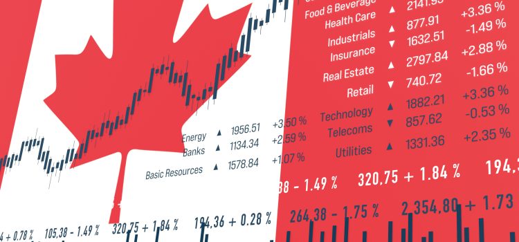 Canadian flag with rising stock market chart, industry and sector data, bar graph.